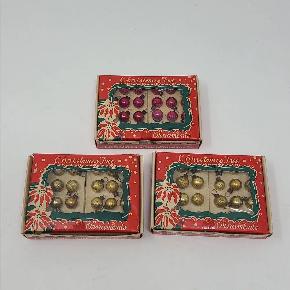 72 VTG Mercury Glass Mini Feather Tree Christmas Ball Ornaments in Box JAPAN